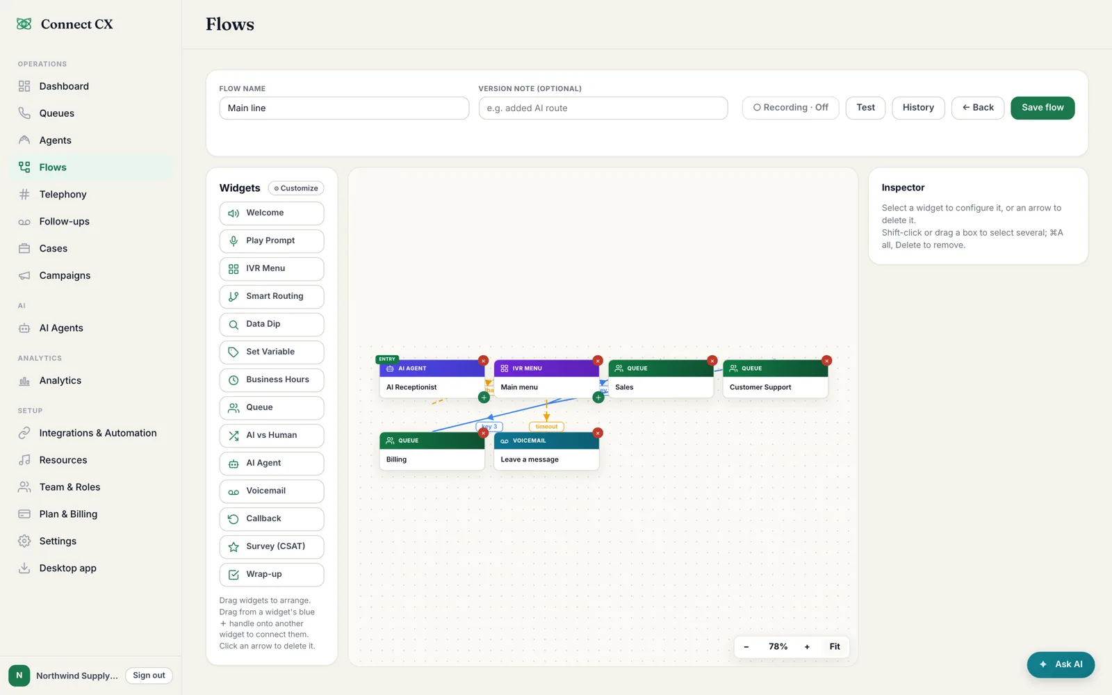 The flow builder: a widget palette on the left, and a flow on the canvas running from an AI agent to an IVR menu and on to Sales, Billing, Customer Support and voicemail queues.